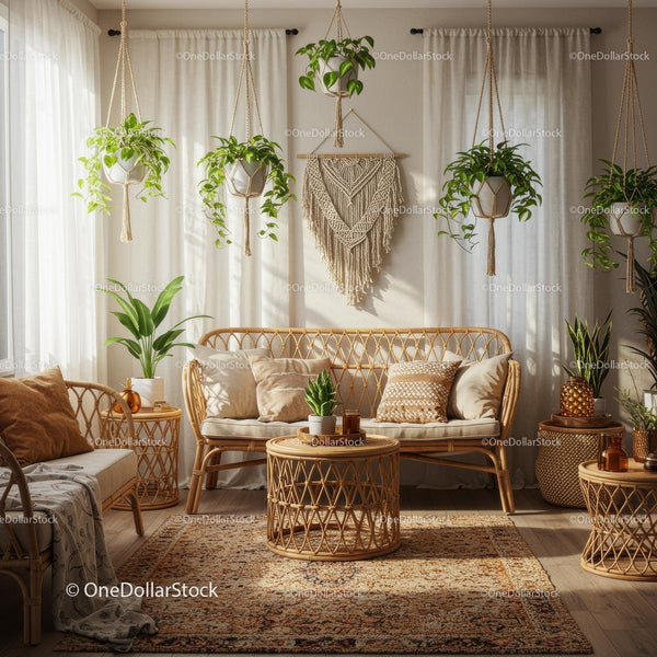 Boho salon z meblami z rattanu i bujnymi roślinami