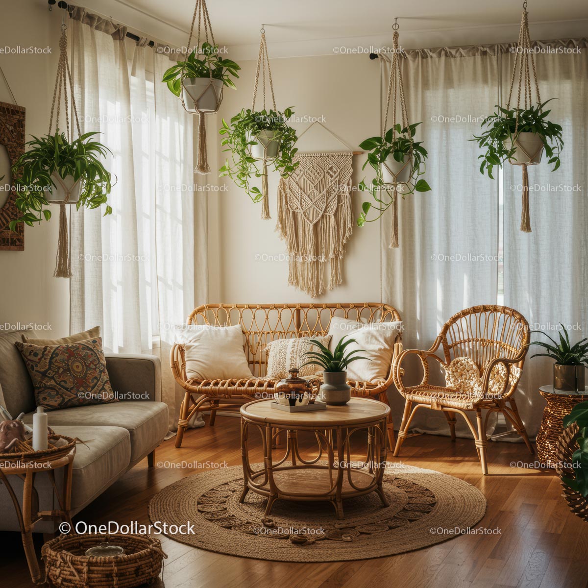 Bohemian Living Room with Indoor Plants and Rattan Furniture