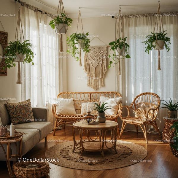 Boho salon z roślinami doniczkowymi i meblami z rattanu