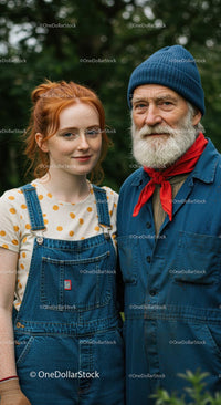 Father and Daughter in Denim Overalls in Garden Setting