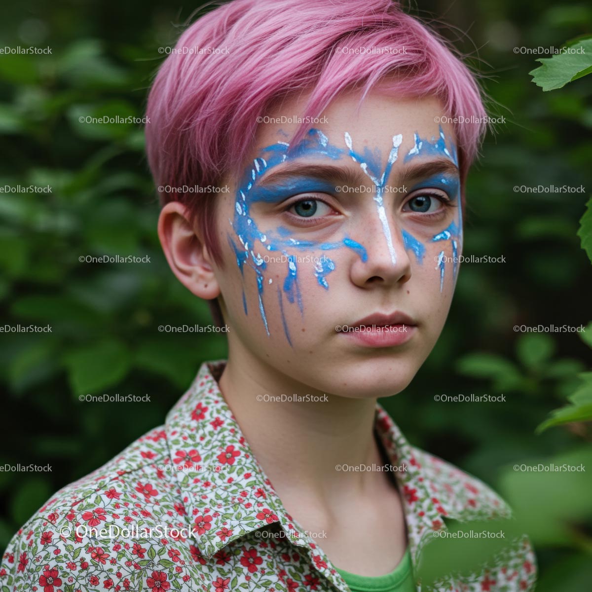 Youth with Pink Hair and Artistic Face Paint in Nature