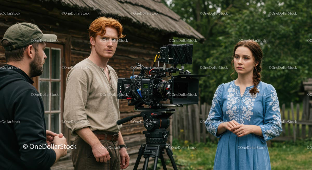 Zestaw filmowy z epoki z aktorami i ekipą w kostiumach vintage