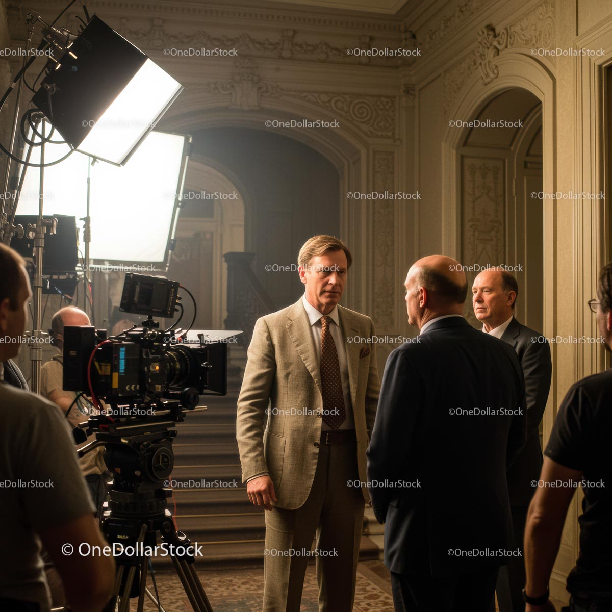 Actors in Dialogue on a Movie Set with Film Crew