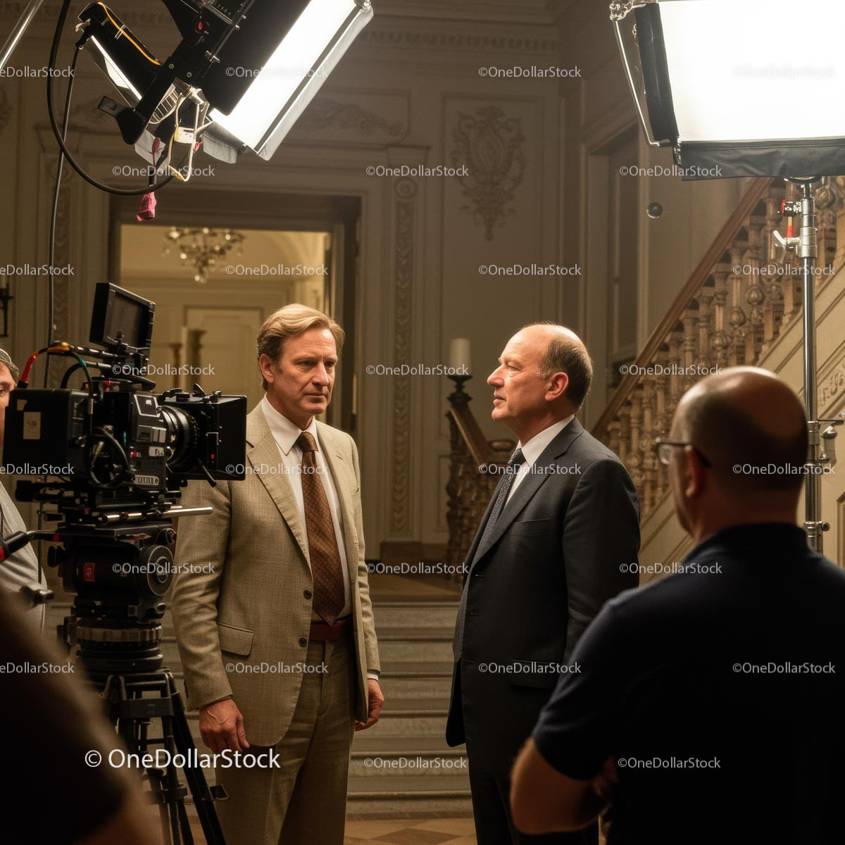 Actors in Dialogue on a Movie Set with Film Crew