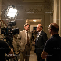 Actors in Dialogue on a Movie Set with Film Crew