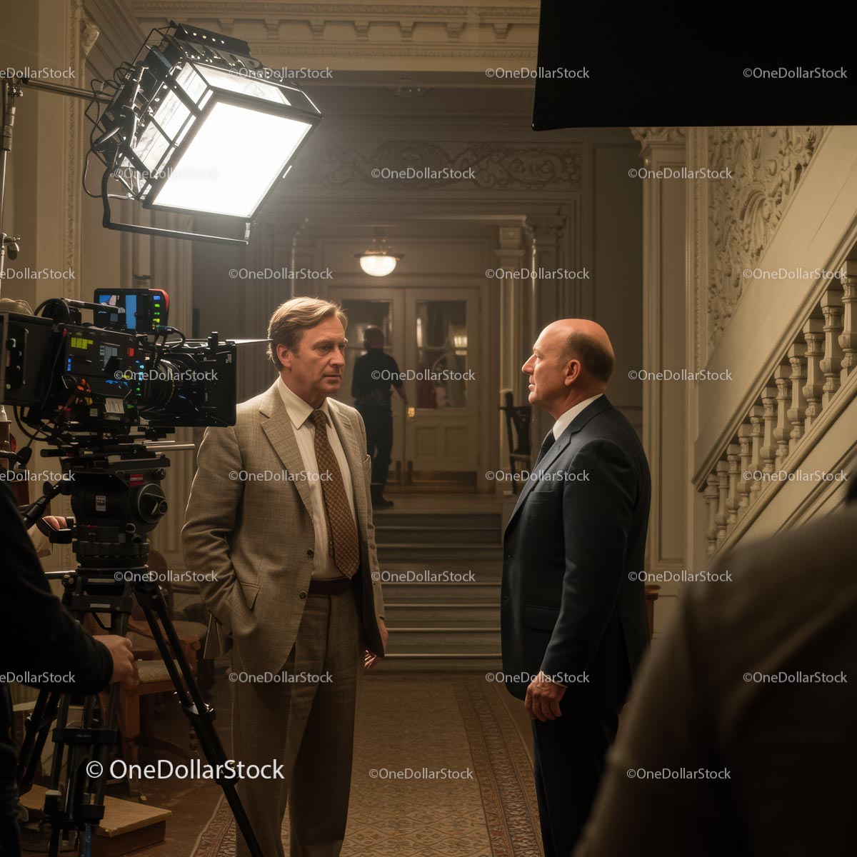 Actors in Dialogue on a Movie Set with Film Crew