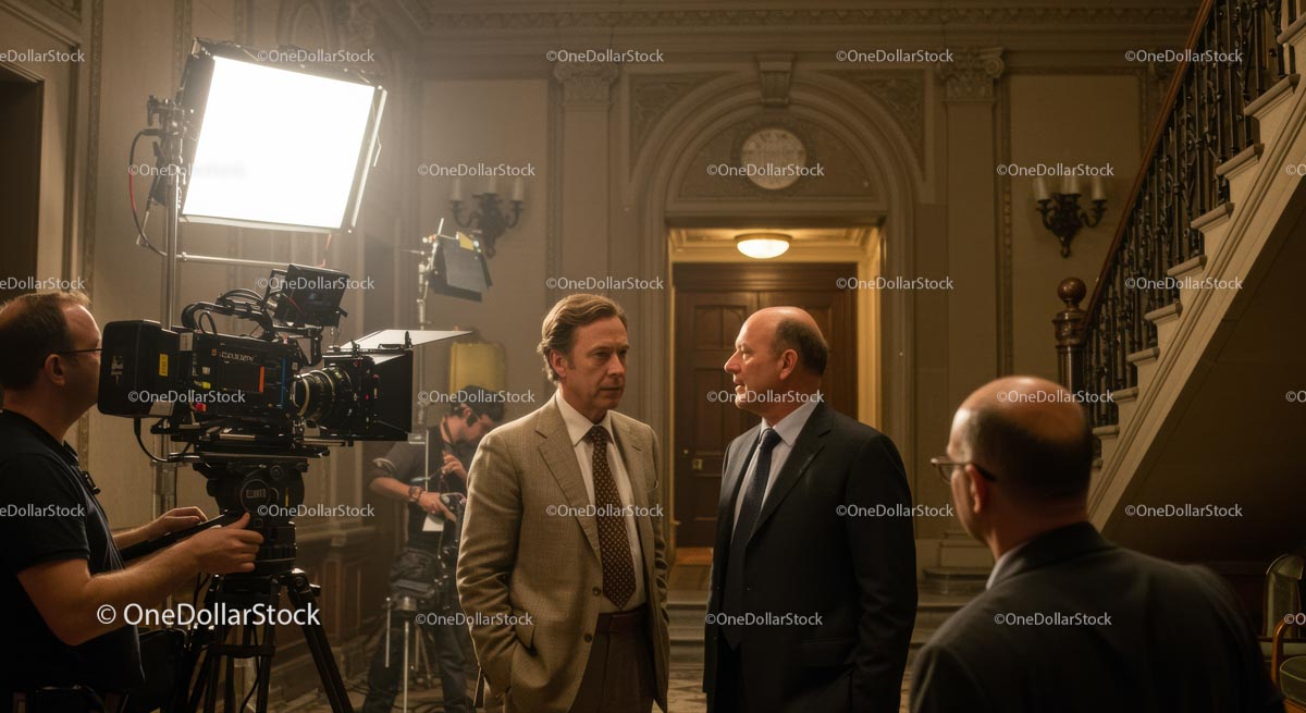 Actors in Dialogue on a Movie Set with Film Crew