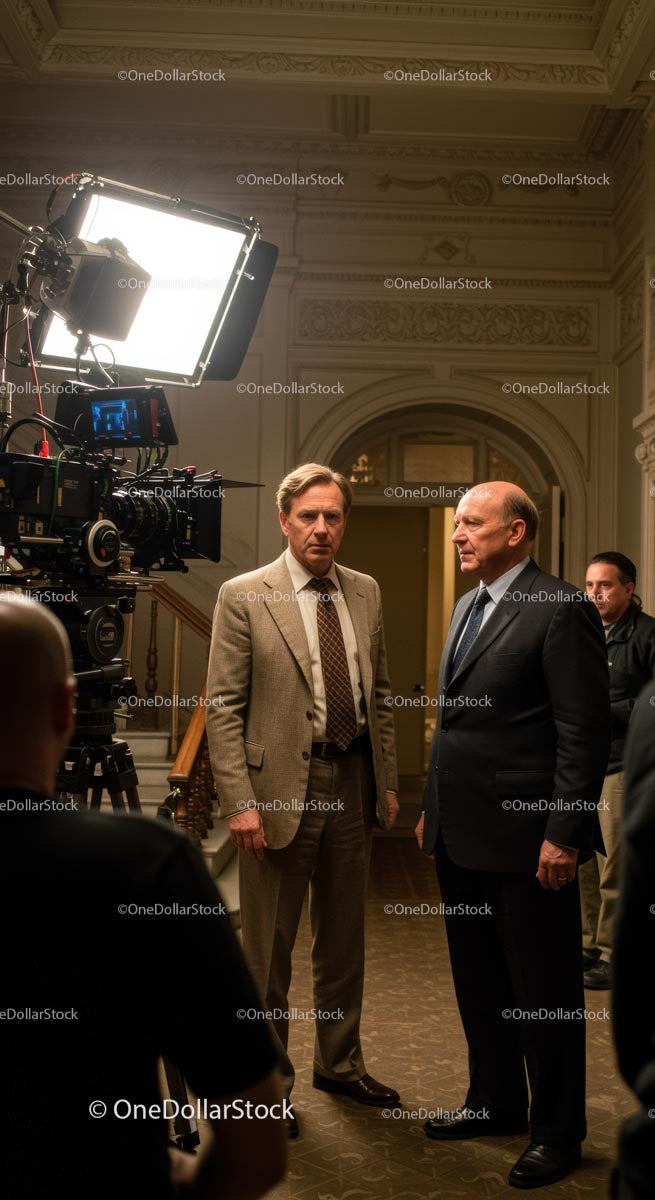 Actors in Dialogue on a Movie Set with Film Crew