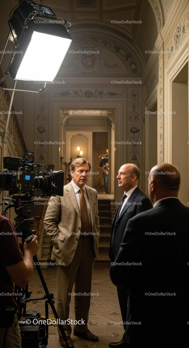 Actors in Dialogue on a Movie Set with Film Crew