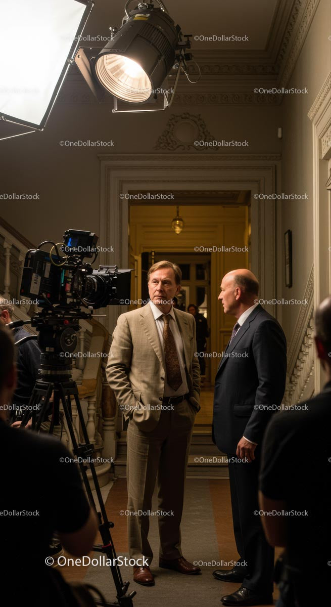 Actors in Dialogue on a Movie Set with Film Crew
