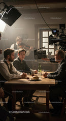 Actors in Dialogue on a Movie Set with Film Crew