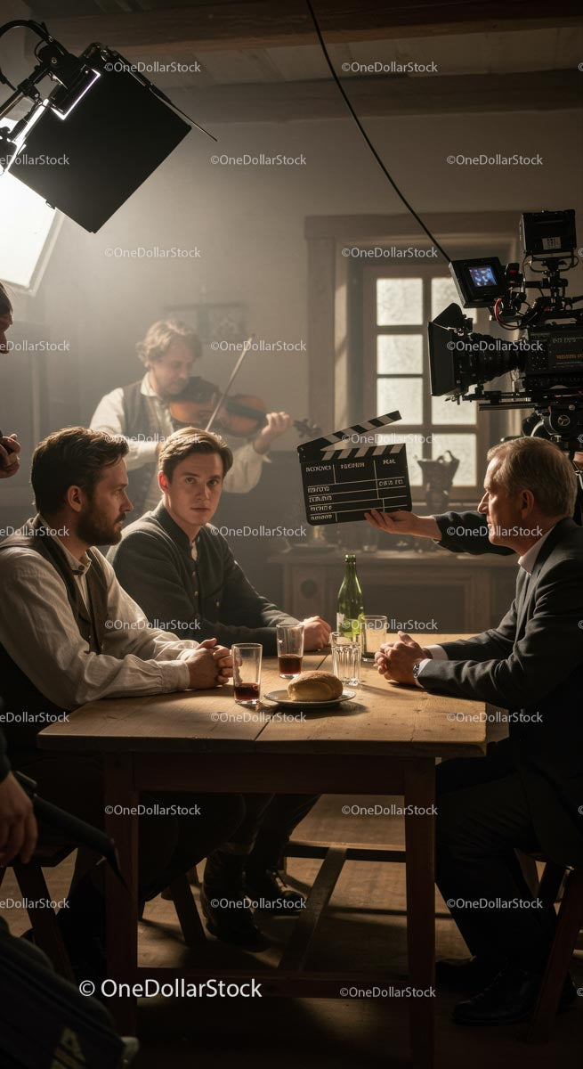 Actors in Dialogue on a Movie Set with Film Crew