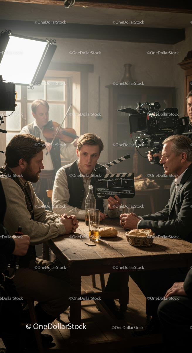 Actors in Dialogue on a Movie Set with Film Crew