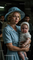 Worried Mother Holding Her Child in Vintage Blue Attire