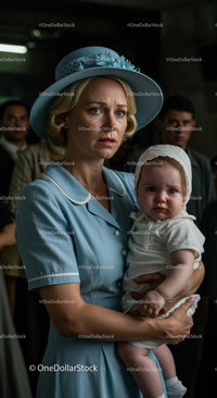 Worried Mother Holding Her Child in Vintage Blue Attire