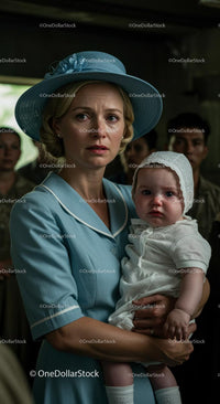 Worried Mother Holding Her Child in Vintage Blue Attire