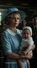 Worried Mother Holding Her Child in Vintage Blue Attire