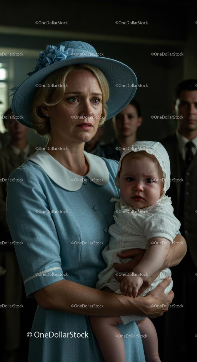 Worried Mother Holding Her Child in Vintage Blue Attire