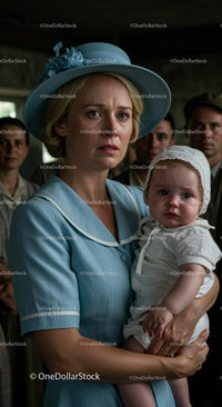 Worried Mother Holding Her Child in Vintage Blue Attire