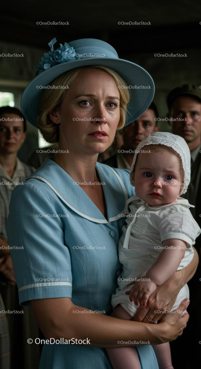 Worried Mother Holding Her Child in Vintage Blue Attire
