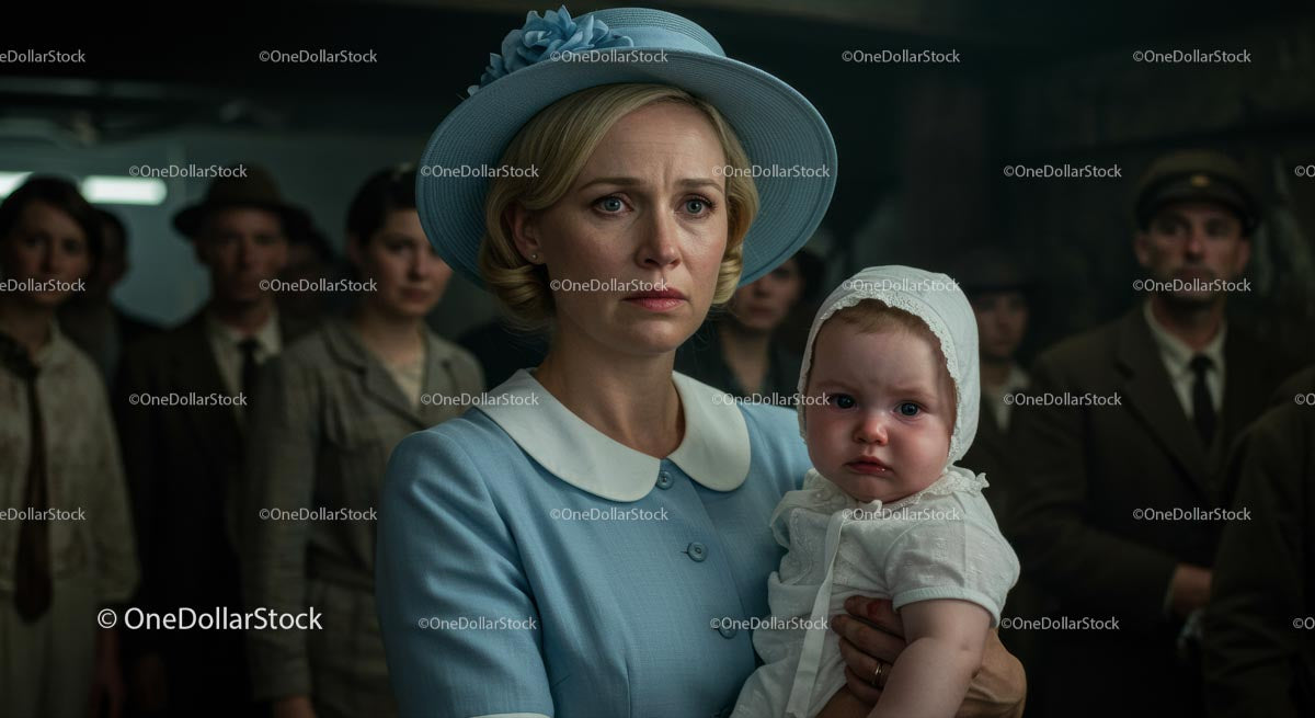Worried Mother Holding Her Child in Vintage Blue Attire