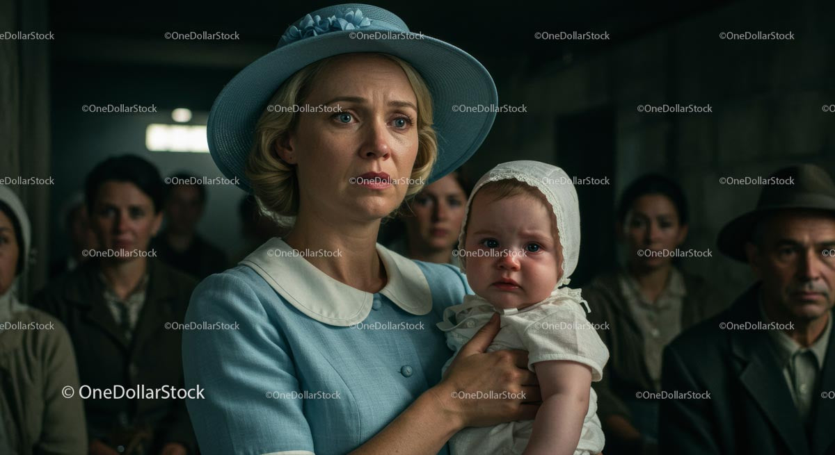 Worried Mother Holding Her Child in Vintage Blue Attire