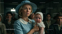 Worried Mother Holding Her Child in Vintage Blue Attire