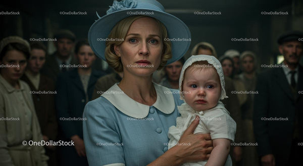 Vintage Mother Holding Baby in Emotional 1940s Setting