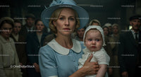 Worried Mother Holding Her Child in Vintage Blue Attire