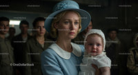 Worried Mother Holding Her Child in Vintage Blue Attire