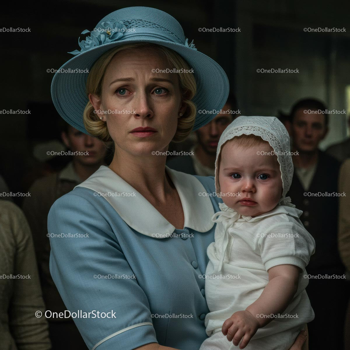 Worried Mother Holding Her Child in Vintage Blue Attire