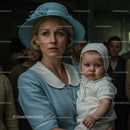 Worried Mother Holding Her Child in Vintage Blue Attire