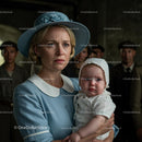 Worried Mother Holding Her Child in Vintage Blue Attire