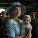 Worried Mother Holding Her Child in Vintage Blue Attire