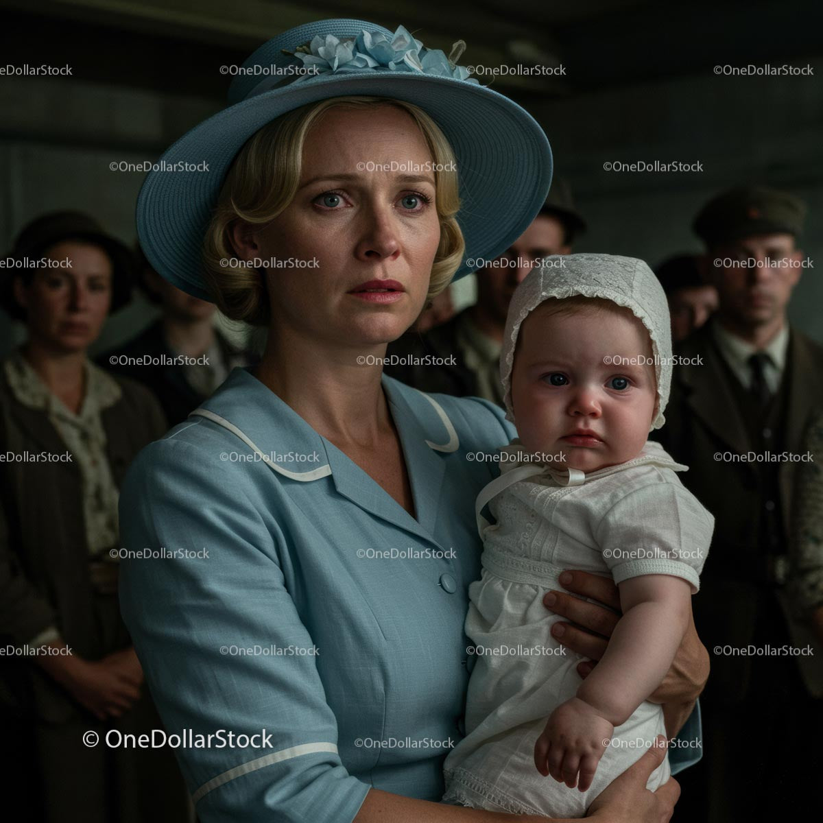 Mother and Baby in Vintage Attire with Emotional Expressions