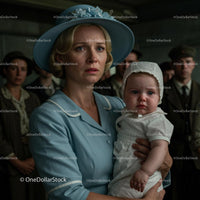 Worried Mother Holding Her Child in Vintage Blue Attire