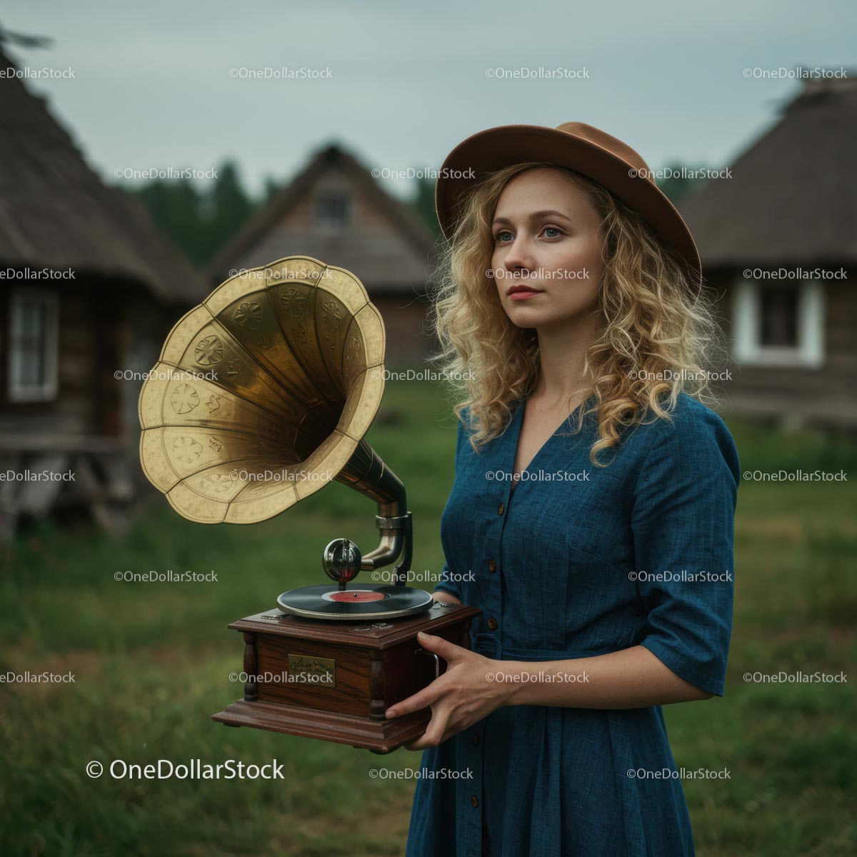 Curly-Haired Woman with Vintage Gramophone in Countryside