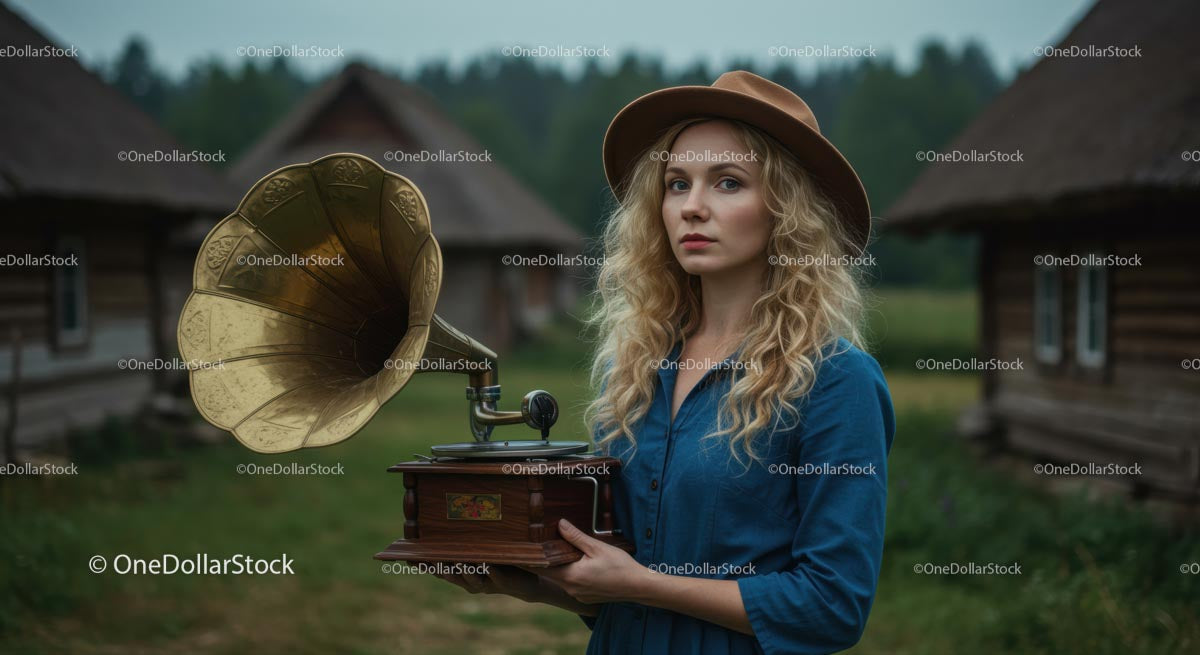 Blondynka trzymająca zabytkowy gramofon w wiejskim otoczeniu