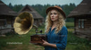 Blonde Woman Holding Vintage Phonograph in Rural Setting