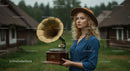 Woman Holding Vintage Gramophone in Rural Village Setting