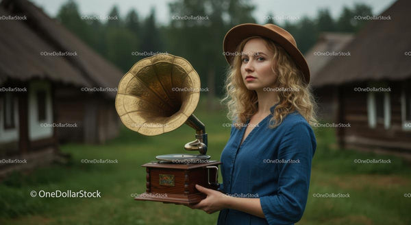 Woman Holding Vintage Gramophone in Rural Village Setting