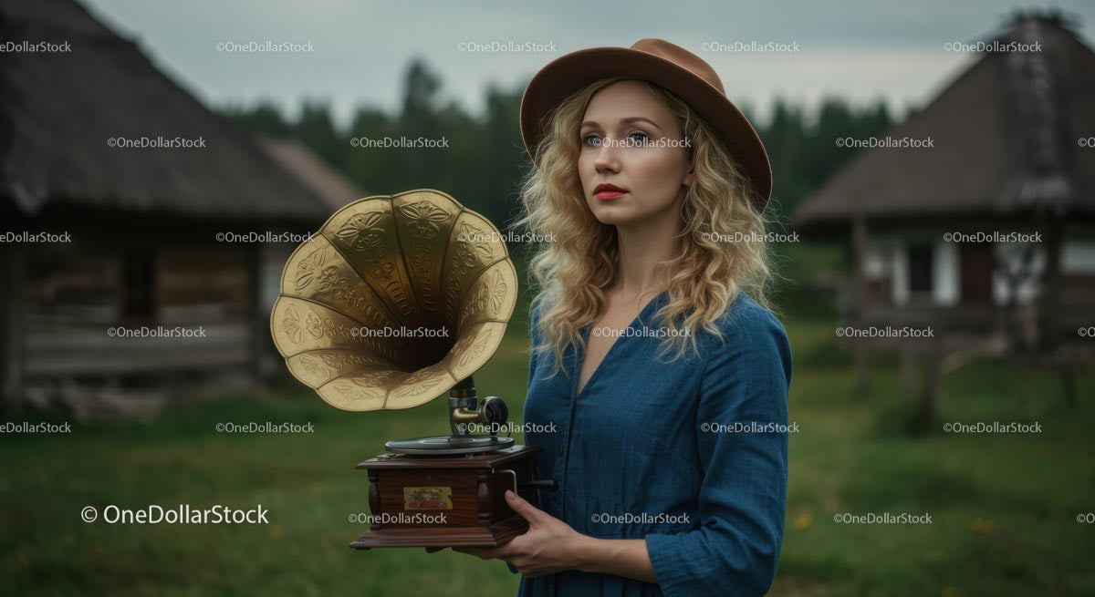 Woman Holding Vintage Gramophone in Rustic Countryside