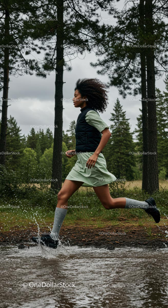Woman Running Through a Forest Trail with Energetic Splash