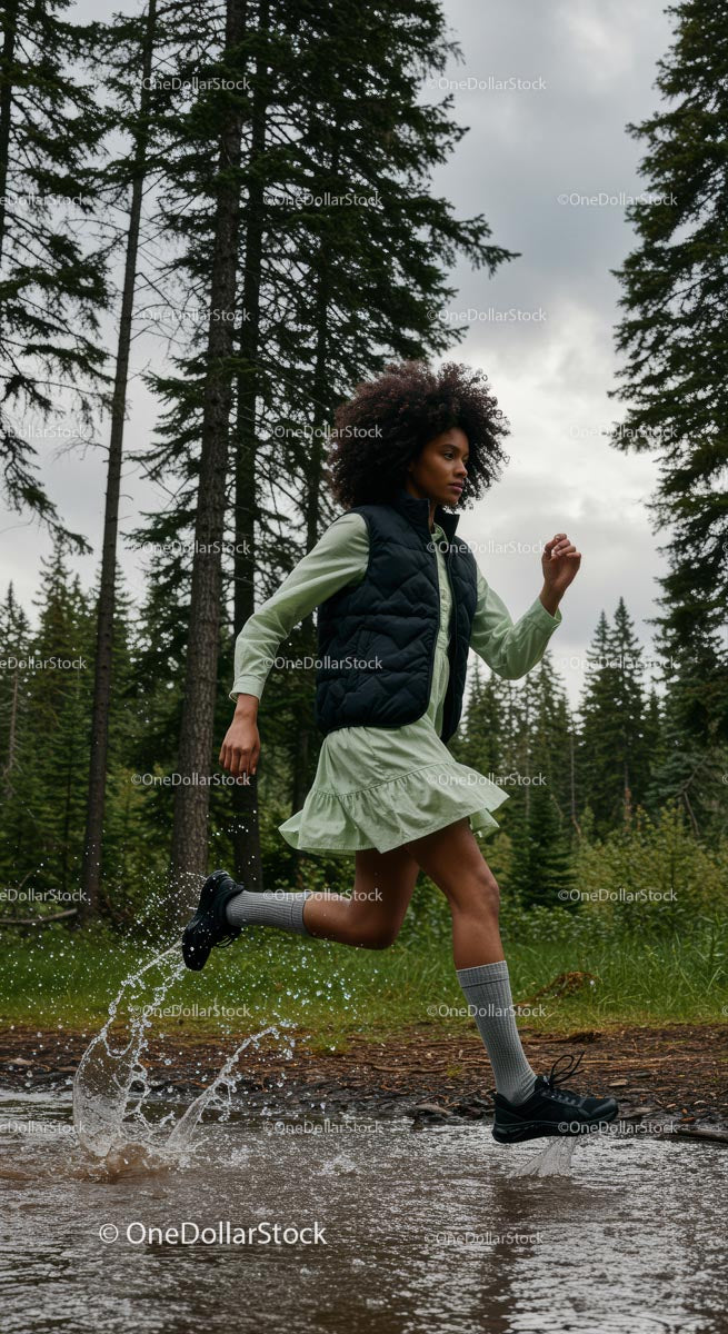 Woman Running Through a Forest Trail with Energetic Splash