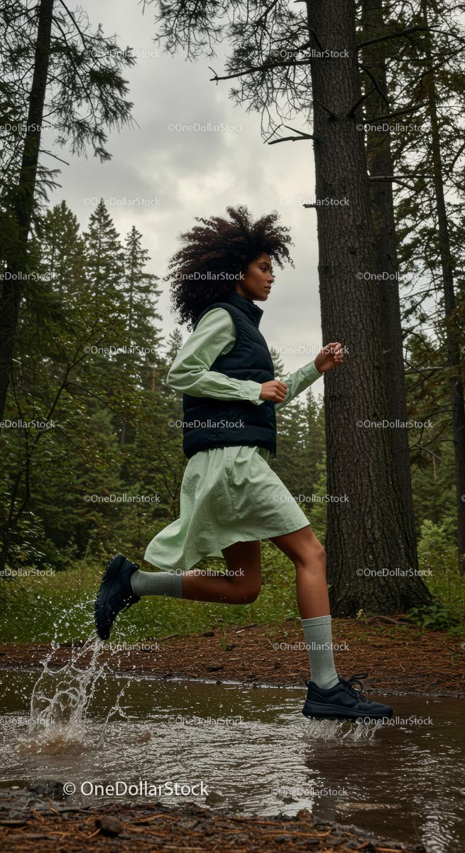 Woman Running Through a Forest Trail with Energetic Splash