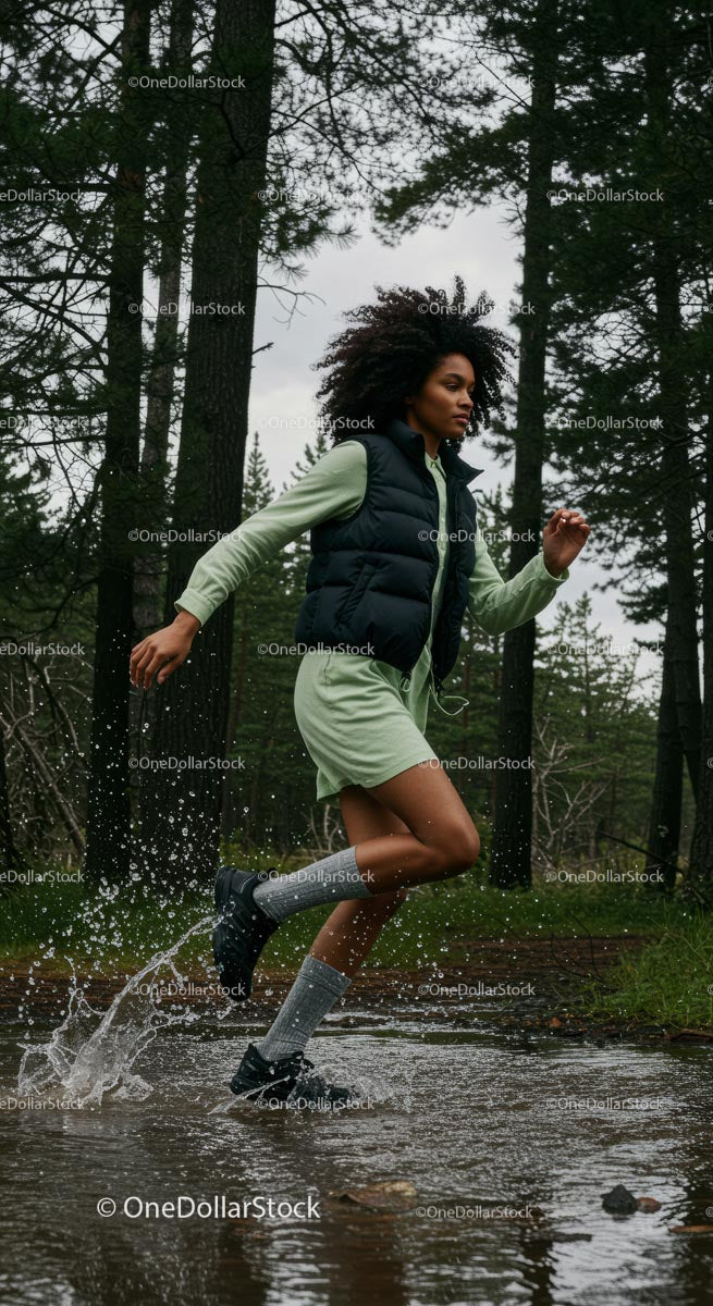 Woman Running Through a Forest Trail with Energetic Splash
