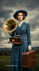 Woman in Blue Victorian Dress Holding Gramophone