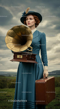 Retro Woman in Victorian Dress with Gramophone Outdoors