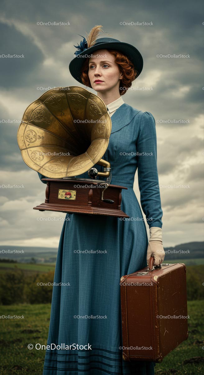 Retro Woman in Victorian Dress with Gramophone Outdoors