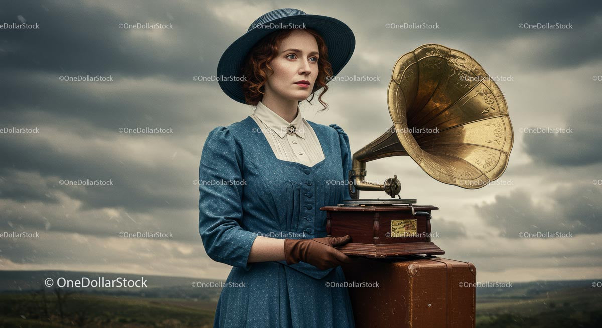 Woman in Blue Dress with Antique Gramophone in Countryside